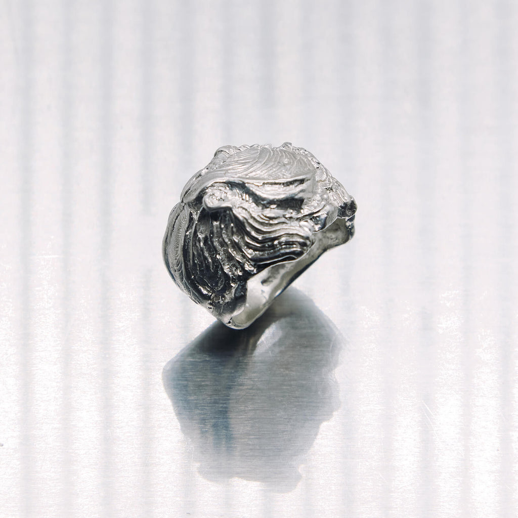 Silver ring with wave design on a white background