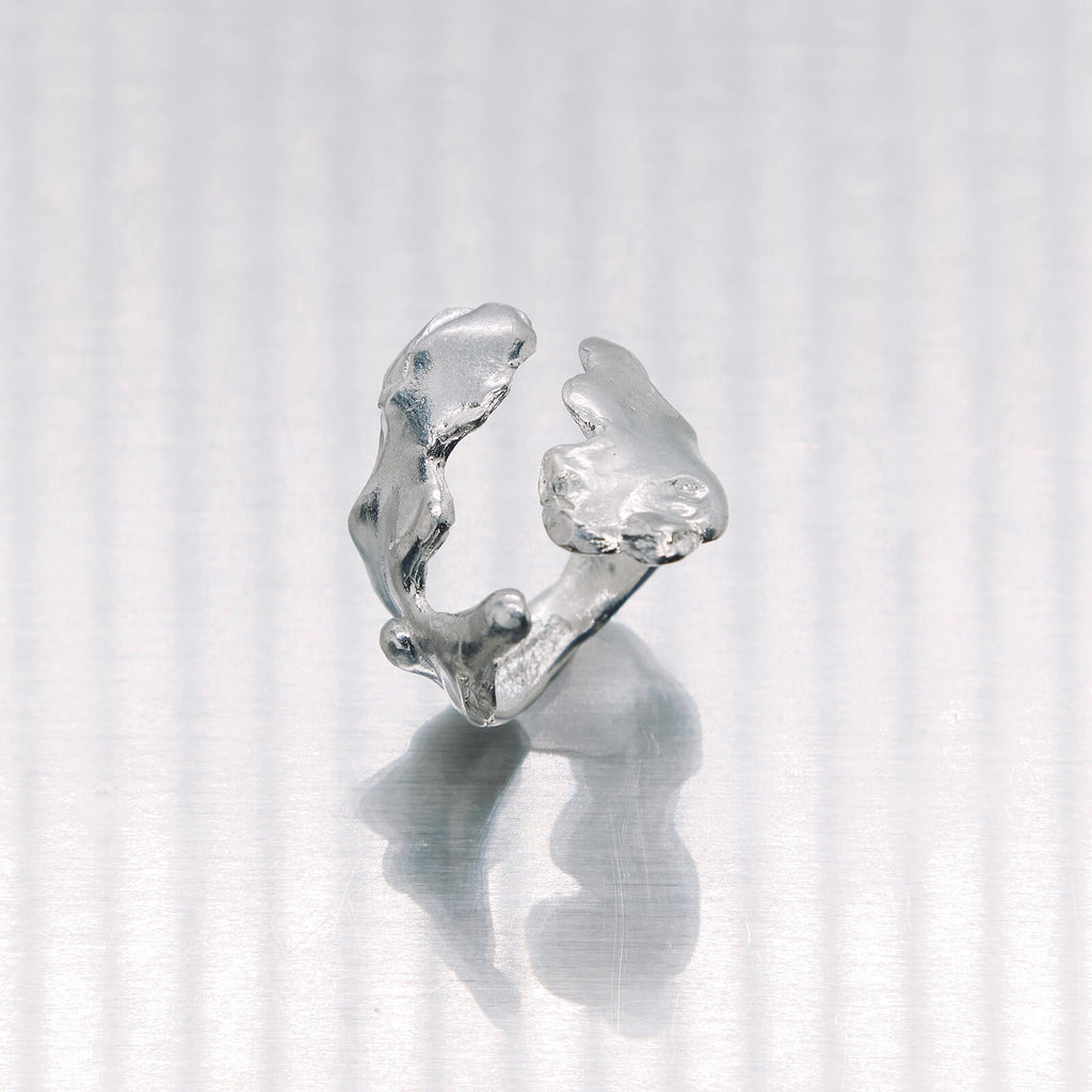 Silver ring with a unique design on a white background
