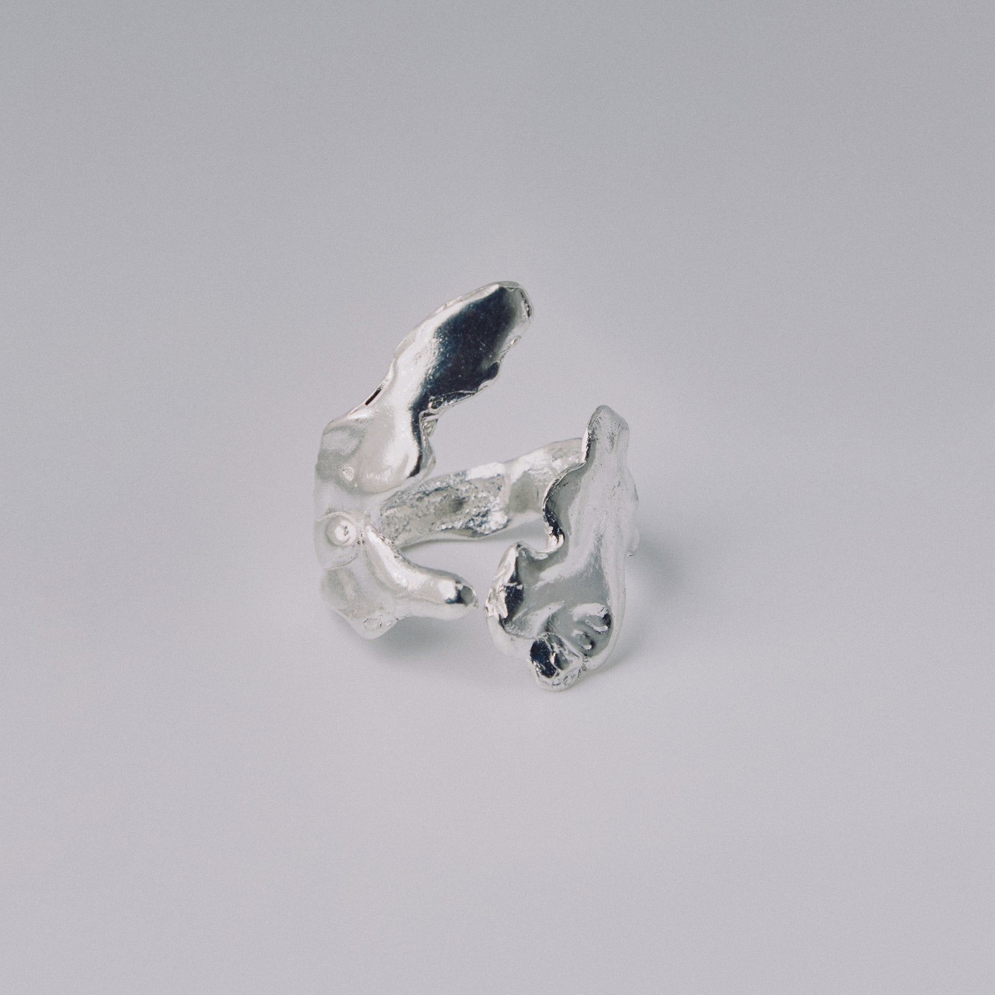 Silver ring with a unique design on a gray background