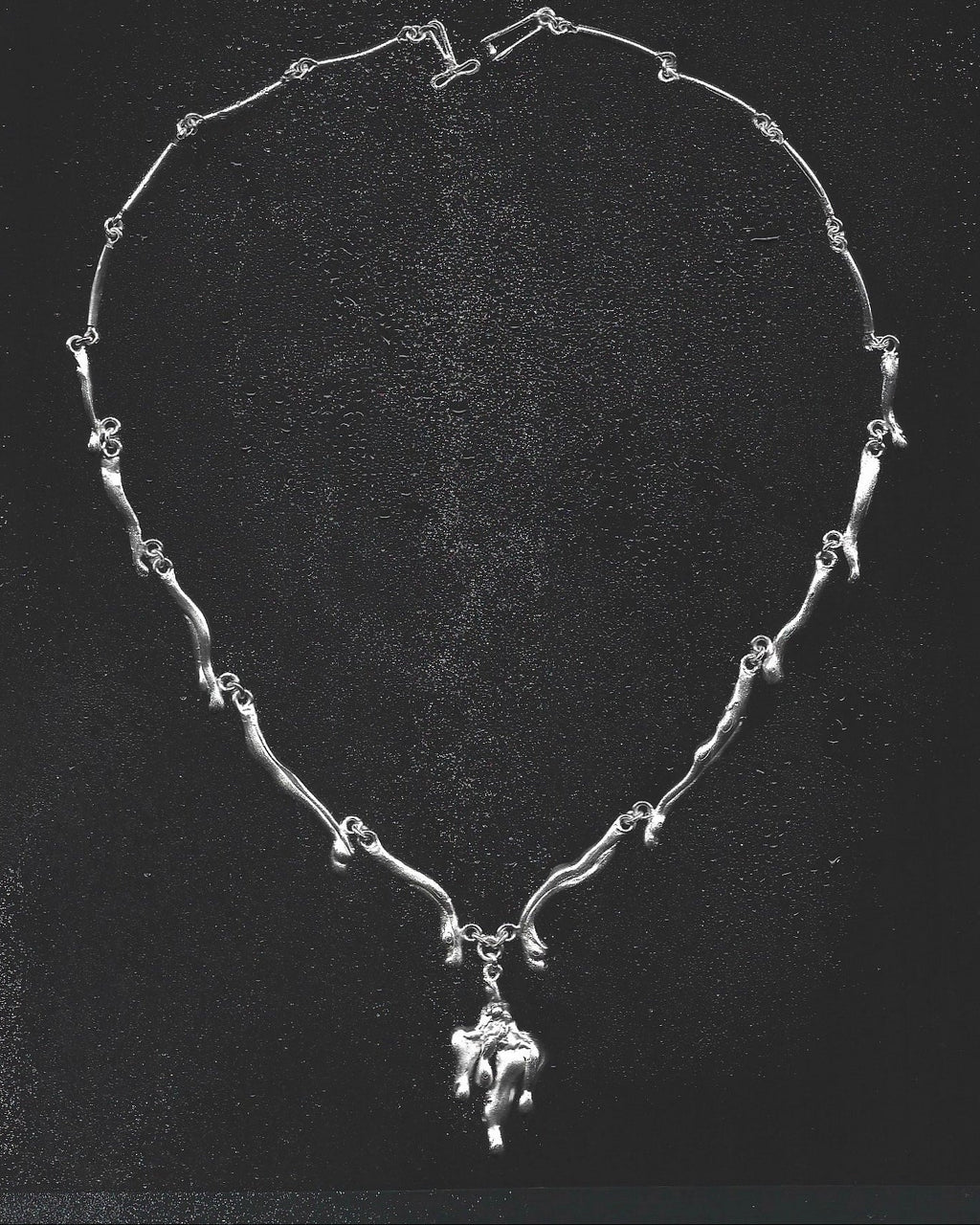 Silver necklace with a pendant on a black background
