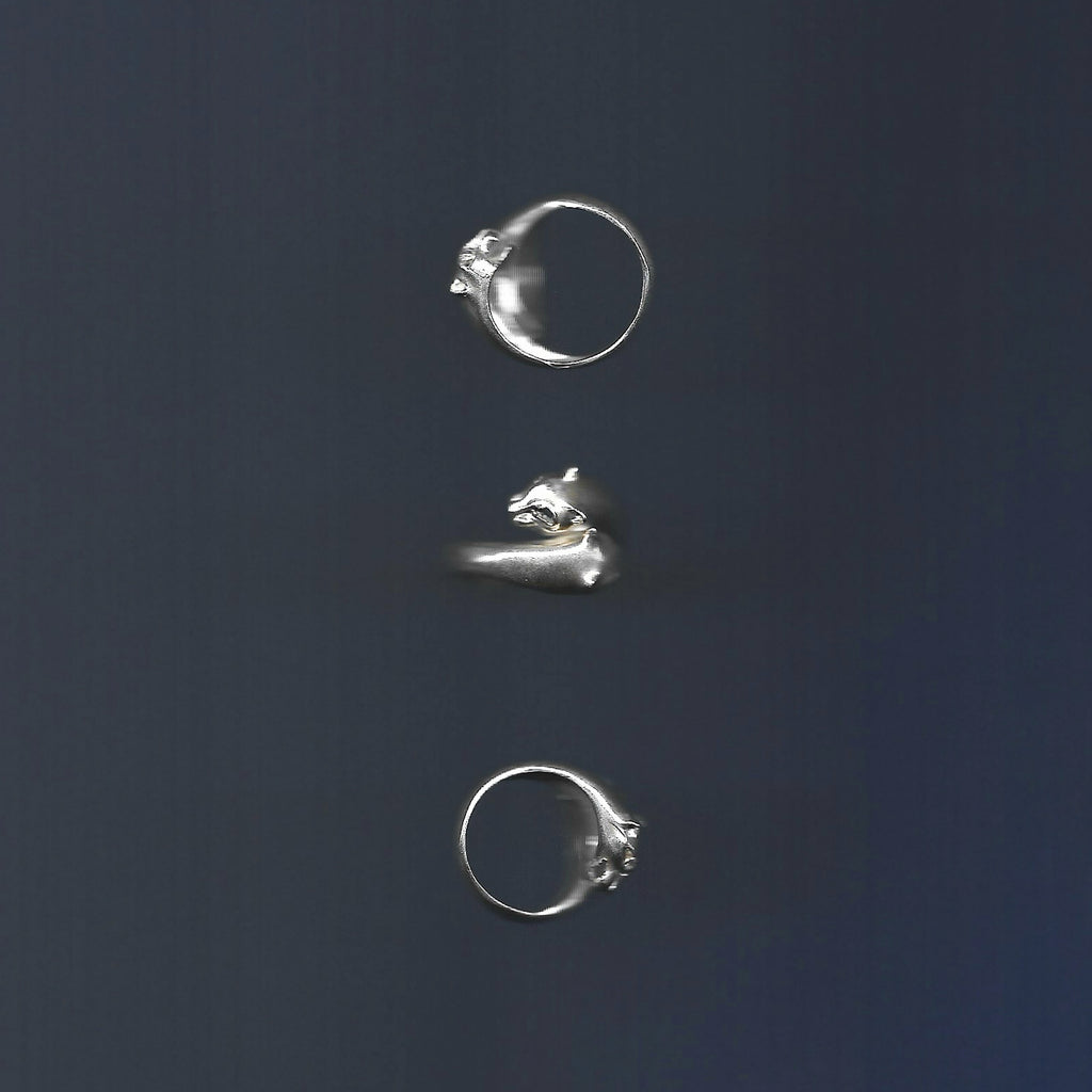 Three silver rings arranged vertically on a dark blue background