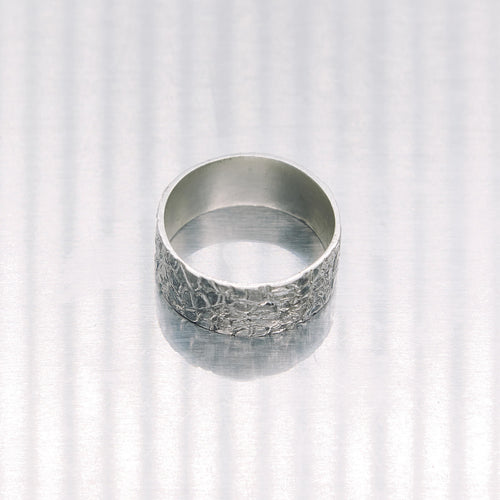 Silver textured ring on a white background