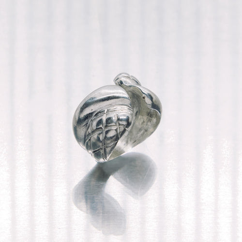 Silver ring with intricate design on a white background