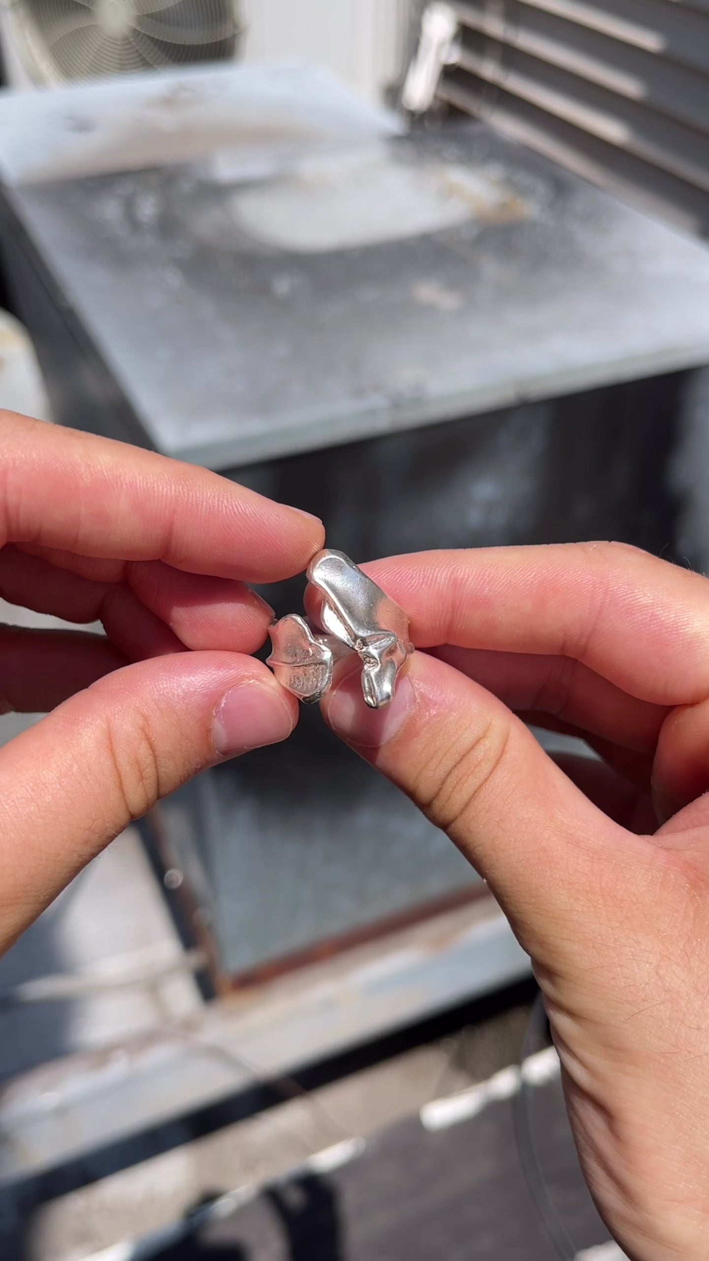 Hand wearing a silver ring with leaf design against a silver background
